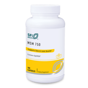MSM 750 supplement bottle on black background.
