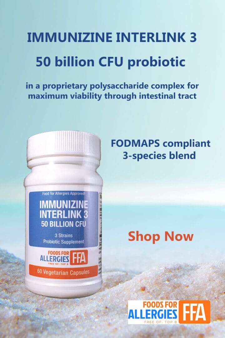 Image of a probiotic supplement bottle labeled "IMMUNIZINE INTERLINK 3" on a sandy beach. Text highlights its 50 billion CFU, 3-strain blend, FODMAPS compliance, and suitability for allergies. "Shop Now" is also displayed.