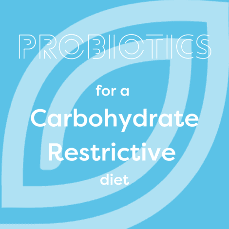 A blue graphic with text that reads "Ther-Biotic® LactoPrime™ Plus for a Carbohydrate Restrictive diet" over a stylized design of concentric, curved shapes.