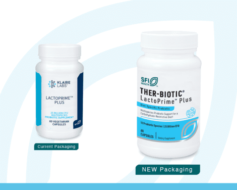 Image showing a comparison between current and new packaging for a probiotic supplement. The current packaging is labeled "Klaire Labs LactoPrime Plus," and the new packaging is labeled "SFI Health Ther-Biotic® LactoPrime™ Plus.