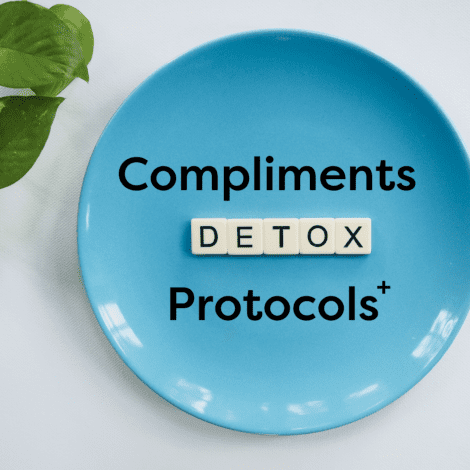 A blue plate with the words "Compliments Ther-Biotic® Detoxification Support" and a leaf adjacent to the plate. The word "DETOX" is spelled out using letter tiles in the center.