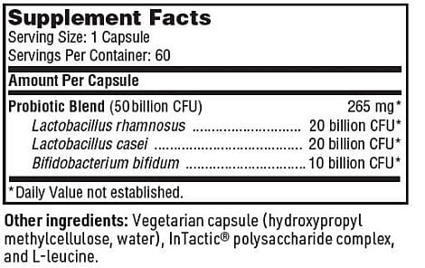 Supplement facts label showing serving size, servings per container, amount per capsule, and ingredients for Ther-Biotic® Detoxification Support with Lactobacillus rhamnosus, Lactobacillus casei, and Bifidobacterium bifidum.