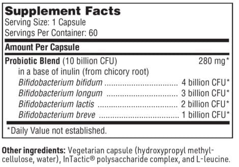 Supplement Facts label detailing a probiotic blend per capsule with 10 billion CFUs including Bifidobacterium bifidum, longum, breve, lactis, and L. acidophilus. Contains 60 capsules of Ther-Biotic® Bifido (Factor 4).