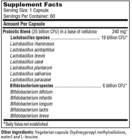 Label showing Supplement Facts for a Ther-Biotic® LactoPrime™ Plus capsule. It lists Lactobacillus and Bifidobacterium species with their respective CFU counts and other ingredients: hydroxypropyl methylcellulose, water, and L-leucine.