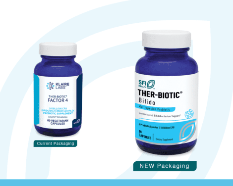 Two blue supplement bottles are displayed side by side. The left one is labeled "Ther-Biotic® Bifido (Factor 4)" with a "Current Packaging" tag, and the right one is labeled "THER-BIOTIC Bifido" with a "NEW Packaging" tag.