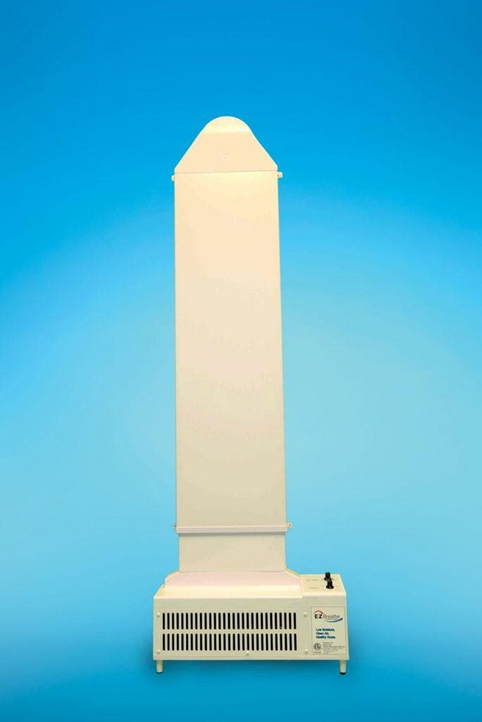 A tall, white EZ Breathe (Taller Height), Basement Model A-400 – Standard chute – for walls up to 10′ with a rectangular base and a vertical, elongated body is set against a gradient blue background.