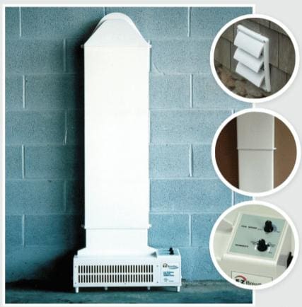 A white, wall-mounted EZ Breathe (Taller Height), Basement Model A-400 – Standard chute – for walls up to 10′ with control knobs. Additional close-up photos show the exterior vent, a section of the heater’s body, and the control panel.