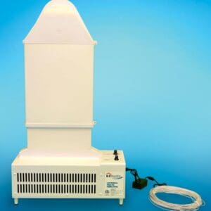 A white EZ Breathe (Ventilation Crawlspace Conditioner) with a top vent, control knobs, a cord, and a blue background.