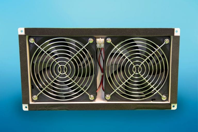 Image of an EZ Breathe (Ventilation Crawlspace Conditioner) with two large fans and protective grills, set against a blue gradient background.