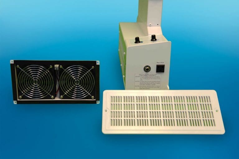 A device with a vented front panel, a dual-fan unit, and a rectangular top-mounted component is shown against a blue background. The product name is EZ Breathe (Ventilation Crawlspace Conditioner).