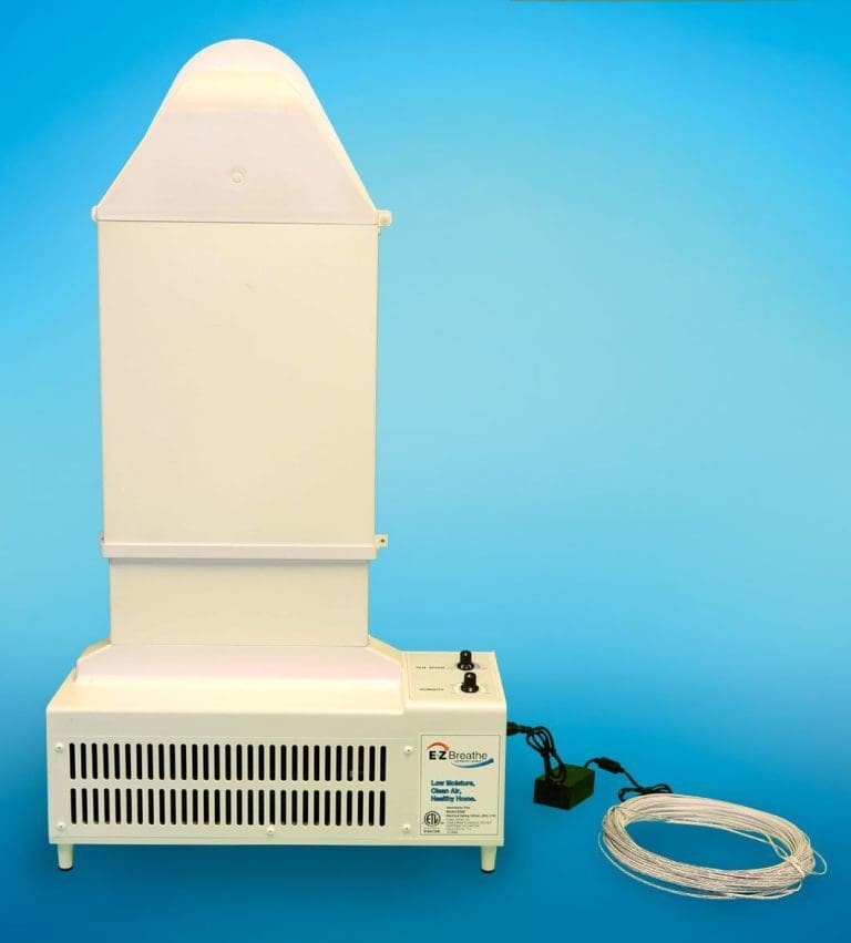 A white EZ Breathe (Ventilation Crawlspace Conditioner) with a top vent, control knobs, a cord, and a blue background.