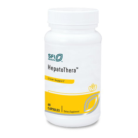 Bottle of HepatoThera dietary capsules.