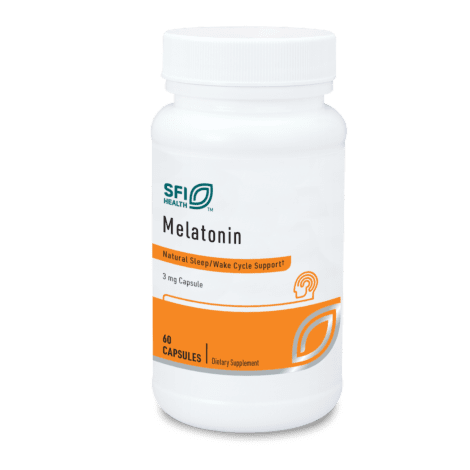 Melatonin dietary supplement bottle with capsules.