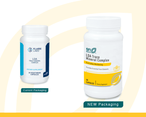 Two supplement bottles: current and new packaging.