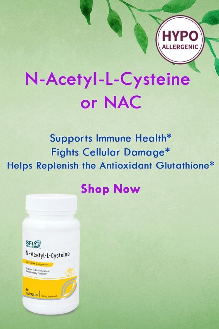 N-Acetyl-L-Cysteine supplement bottle advertisement.