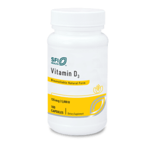 Vitamin D3 supplement bottle on black background.