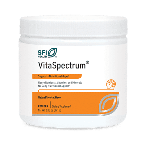 VitaSpectrum supplement powder container, tropical flavor.