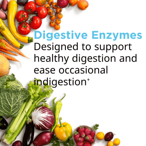 Fruits and vegetables with digestive enzymes text.