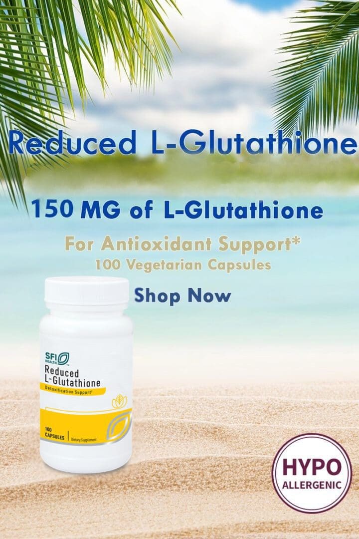 L-Glutathione capsules on tropical beach background.