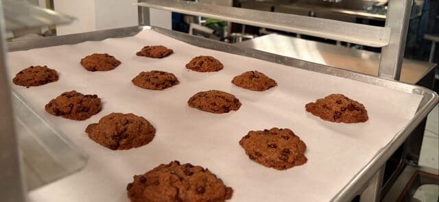 Freshly baked chocolate chip cookies on tray