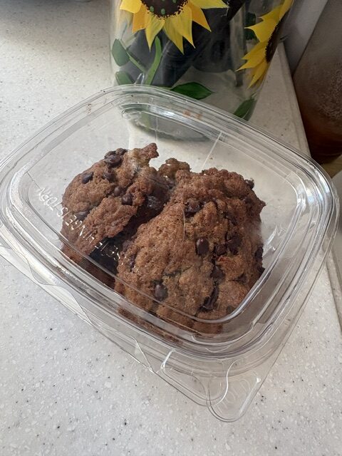 Chocolate chip cookies in clear plastic container