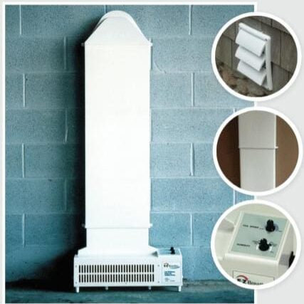 A white, wall-mounted EZ Breathe (Taller Height), Basement Model A-400 – Standard chute – for walls up to 10′ with control knobs. Additional close-up photos show the exterior vent, a section of the heater’s body, and the control panel.