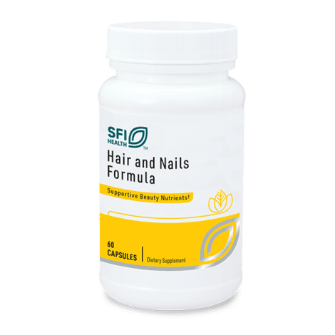 White bottle of hair and nails supplement.