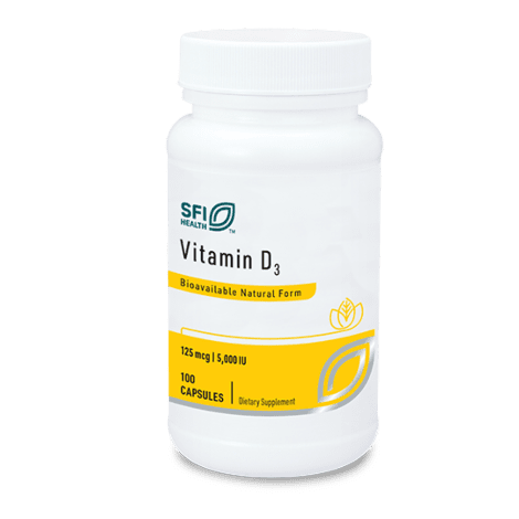 Vitamin D3 supplement bottle on black background.