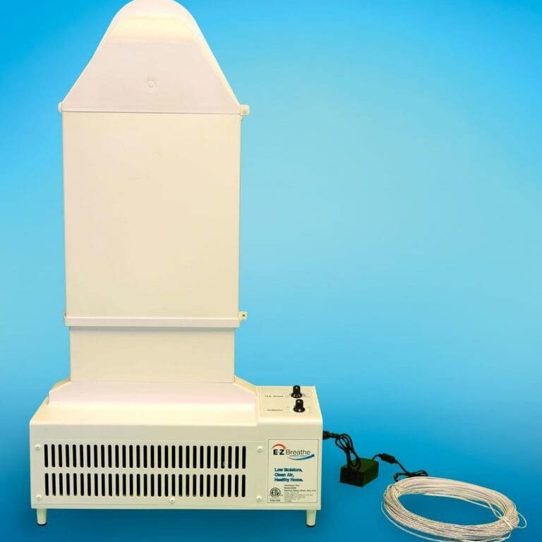 A white EZ Breathe (Ventilation Crawlspace Conditioner) with a top vent, control knobs, a cord, and a blue background.